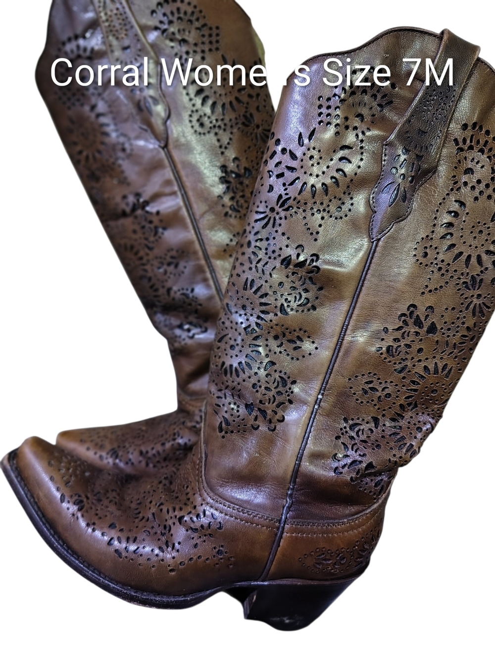 Corral Brown Laser-Cut Floral Western Knee-High Boots